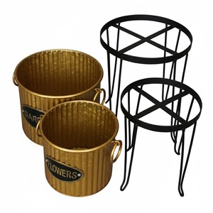 Set Of 2 Farmhouse Style Antique Gold Metal Round Garden <b>Planters</b> With Stands Indoor <b>Outdoor</b> Flower Pots Home Decor Accessory - Product Image 1