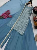 Ensemble traditionnel indien ethnique 3 pièces pour mariages d'hiver, fêtes, Diwali, brodé, sans plis, coupe ajustée, prêt-à-porter de créateur