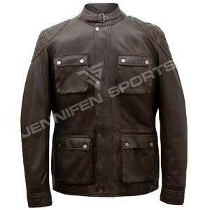 Blouson de moto en cuir de vache véritable pour homme, coupe-vent d'hiver, respirant, manches longues, doublure matelassée, plusieurs poches sur le devant, boutons - Product Image 1