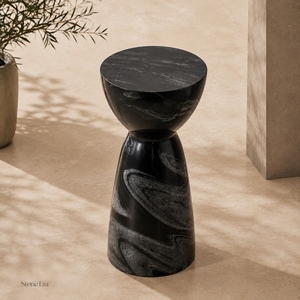 Natural <b>Black</b> Marble Hourglass <b>Side</b> <b>Table</b> Polished <b>Round</b> Accent Stool for Hotel Living Room Decor - Product Image 2