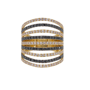 Bague multi-bandes exquise en or jaune 14 carats plaqué rhodium, diamants naturels blancs et noirs taille brillant, classique et élégante pour femme - Product Image 1