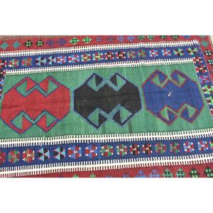 4.1x6 ft Area Vintage Rug, Turkish Rug, <b>Red</b> Blue Moroccan <b>Wool</b> Rug - Product Image 5