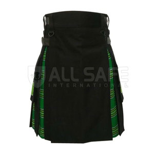 Kilt híbrido utilitario para hombre de alta calidad, paneles negros sólidos, bolsillos traseros de tartán, sistema de cintura ajustable fácil - Product Image 3