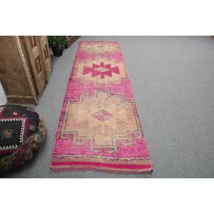 2.9x9.8 ft Vintage <b>Rug</b>, Turkish <b>Runner</b> <b>Rug</b>, Pink Brown Ikat <b>Rug</b> - Product Image 1