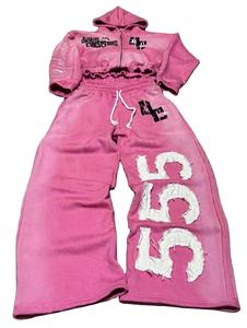 Survêtements OEM, design personnalisé, broderie usée, imprimé délavé au soleil avec des strass, sweat-shirt court et pantalon évasé, survêtement d'hiver - Product Image 1