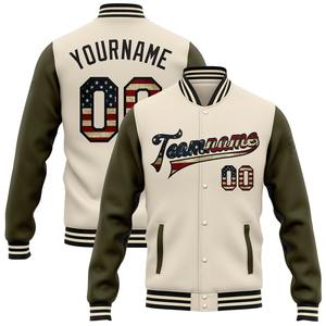 Industrie directe en gros décontracté hiver personnalisé Vintage USA drapeau Olive-noir Bomber Full-Snap Varsity Letterman veste bicolore - Product Image 1