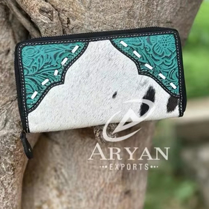 Nuevo estilo occidental Hair On Hide Colorful Tooled Fur Leather Clutch Mujeres Diseñado Monedero Venta caliente Tooled Leather Unique Wallet - Product Image 1