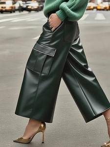 Pantalones Anchos de Mujer de Piel Sintética de Alta Gama Estilo Europeo Americano, Casuales, Elegantes, para Vacaciones, en Color Sólido, Material PU - Product Image 3
