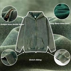 Tissu en coton haute gsm hommes Double couche lavage à l'acide soleil délavé sweat à capuche en détresse impression Vintage sans chaîne Zip ODM approvisionnement - Product Image 1