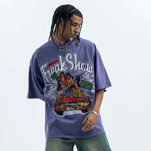 เสื้อยืดบ็อกซี่สไตล์ย้อนยุคเสื้อฮิปฮอปทรงโอเวอร์ไซส์พิมพ์ลายหน้าจอน้ำหนักมากเสื้อซักครึ่งแขนเสื้อสไตล์ฤดูร้อน - Product Image 3