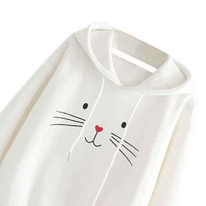 Sweat-shirt à capuche pour femme avec imprimé visage de chat mignon, manches longues, style Harajuku, pull ample décontracté, vêtements de rue pour adolescentes - Product Image 4
