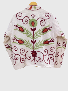 Floral Embroidered Cotton <b>Blazer</b> Mandarin Collar Full Sleeve Women's Spring Style Regular Fit White - Product Image 3