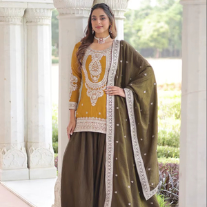 Ensemble Sharara pour femmes, style ethnique indien, en soie NC, avec sequins, broderie, extensible, infroissable, séchage rapide, coupe ample - Product Image 1