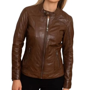 Chaqueta de cuero de motorista marrón de piel de cordero genuina para mujer Otoño Invierno Varsity estampado con botón decoración bolsillo para motocicletas - Product Image 3