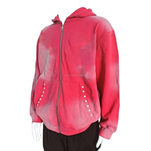 Hombres Boxy Streetwear Sudadera con capucha personalizada Rhinestone Vintage ácido lavado pulóver frente Y2K OEM hilo teñido sólido para niños - Product Image 2