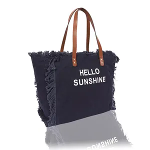 Cotton Canvas bag with leather handle woven fringes women bags can be customized the size, colors, fringes size indian supplier