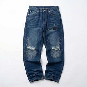 Jeans en denim mi-lourd pour hommes, strass personnalisés pour pantalon baggy déchiré, pantalon streetwear, pantalon Y2K, braguette à boutons hauts - Product Image 1