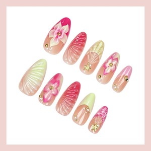 HYC-DZ-1801 <span class=keywords><strong>Uñas</strong></span> Postizas Rosas y Amarillas con Flores Francesas, Gel 3D Estilo Dulce, Reutilizables, Cobertura Completa, Hechas a Mano - Product Image 5