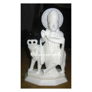 Estatua de Krishna en Mármol Blanco Natural, Posición de Pie con Vaca Cerca, Diseño Único Hecho a Mano, Utilizada en Templos de Krishna - Product Image 1