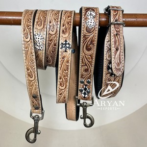 Assez haute qualité OEM luxe usiné à la main conception à carreaux en cuir laisse pour animaux de compagnie et laisse collier de chien réglable ensemble de 3 pièces pour chiens - Product Image 1