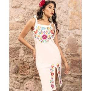 <b>Womens</b> Red Embroidered <b>Dress</b> Mexican Folk Floral Embroidery <b>Sleeveless</b> Midi <b>Dress</b> With Side Slit - Product Image 4