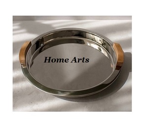 Plateau de service alimentaire de dernière génération, couleur argent, en acier inoxydable, forme ronde, plateau à thé et à café avec poignée en bois - Product Image 1