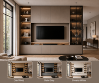 Unit TV Dinding Minimalis Modern KEJIA dengan Lampu LED Matte Taupe, Kabinet TV Media Terintegrasi, dan Display Kaca