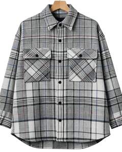 Customized <b>Mens</b> Grey White Plaid Shacket Shirt Jacket Long Sleeve Button Up Oversized Check <b>Overshirt</b> Warm Winter Wear - Product Image 1