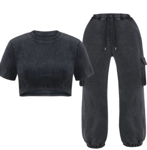 บริการ OEM ผู้หญิงที่กําหนดเองชุดวินเทจหินกรดล้างเฮฟวี่เวท Sweatsuit เสื้อครอปที่กําหนดเองและกางเกงวอร์มสองชิ้นสําหรับสุภาพสตรี - Product Image 3