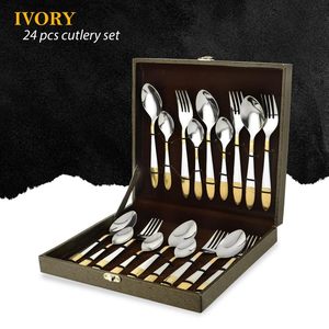 Juego de cubiertos dorados de acero inoxidable Premium para el hogar y la cocina con caja de regalo 6 piezas cada una de cucharas de mesa y tenedores de mesa para regalo - Product Image 2