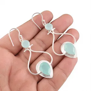 Boucles d'oreilles de créateur faites à la main, luxueuses et élégantes, en calcédoine aqua, en argent sterling 925, bijoux unisexes pour cadeau de fête - Product Image 6
