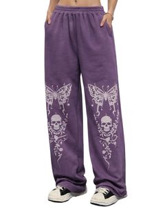 Pantalones Deportivos Anchos con Estampado de Calavera de Mariposa Morada Personalizados, Pantalones Jogger de Felpa de Estilo Gótico Holgados para Mujer, OEM ODM Personalizado - Product Image 1