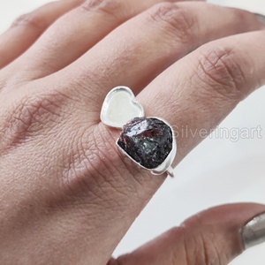 Bague pour femme en pierre brute, pierre précieuse grenat naturel, pierre de naissance de janvier, forme cœur, ajustable, en argent sterling 925 - Product Image 3