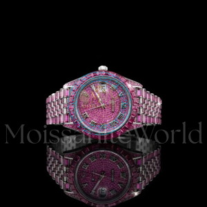 Reloj de Lujo para Mujer con Moissanita, 38 mm, Redondo, Analógico, de Cuarzo, con Números Romanos, Correa de Moissanita Rosa, Esfera de Cristal de Zafiro - Product Image 1