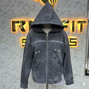 Superior Design Latest Style Men's Zipper Distressed Hoodie <b>Rhinestone</b> Zip up <b>Jacket</b> Acid Wash Men Fleece Streetwear Hoodie - Product Image 4