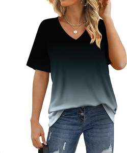 Femmes été Ombre gris vente en gros à manches courtes T-Shirts broderie décoration respirant toile col en v Style - Product Image 3