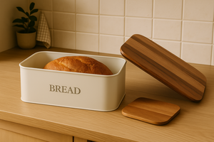 Kitchen Bread Box Metal Wooden <b>Bin</b> with Iron Acacia Lid Food Storage Container to Keep Bread Fresh for Bakery Products box - Product Image 3