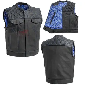Club Style Men Black Blue Cowboy Vest Light Brown Leather Biker Vest Motorcycle Motor Bike Vest