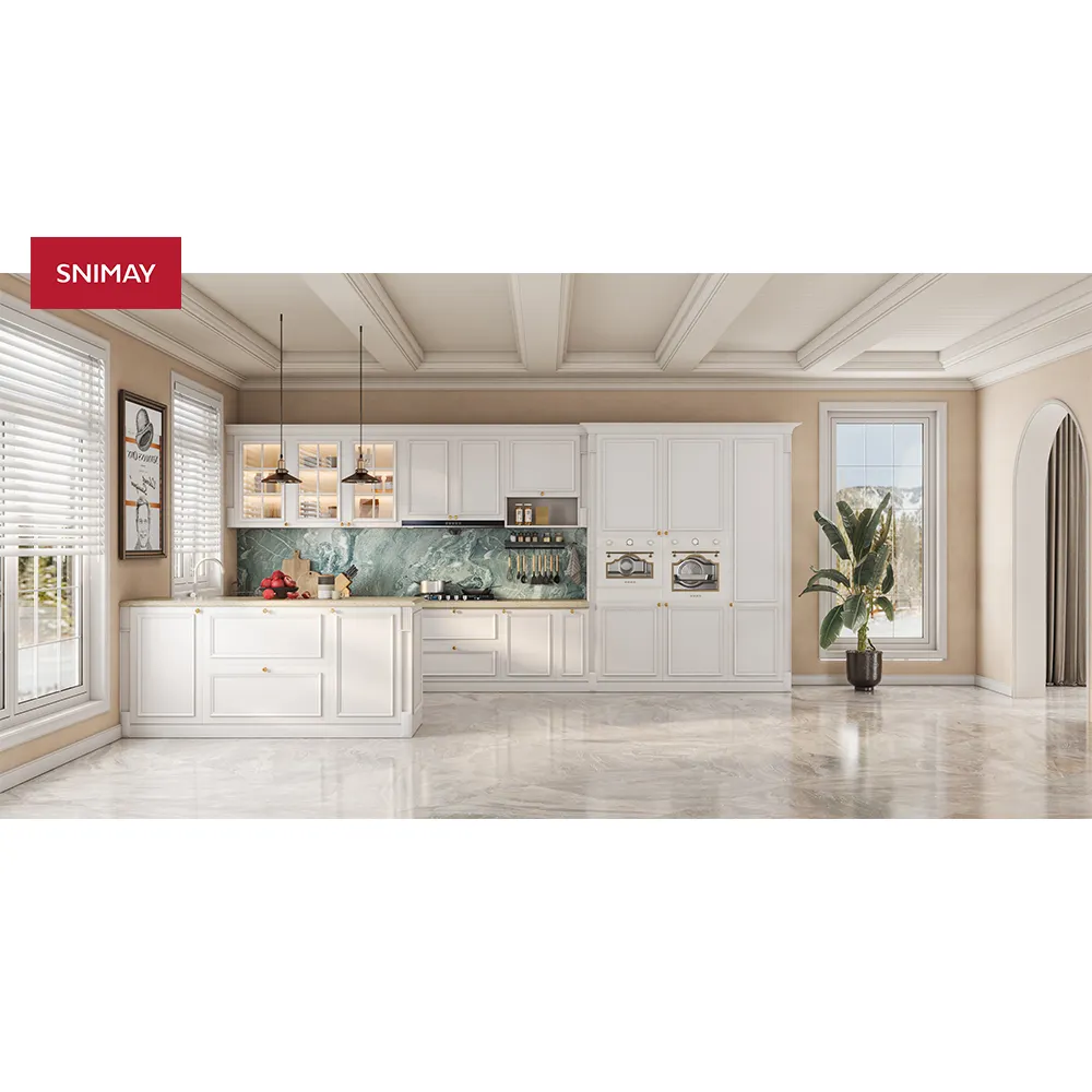 Snimay Luxury Furniture Italian Style Modern Nordic Beige Color Solid Wood Modular Island Kitchen Cabinet Modern Design Supplier
