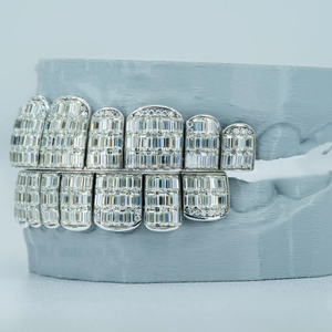<b>Silver</b> Plated Luxury Hip Hop Unisex Party Baguette Cut Moissanite Custom Iced Emerald Cut VVS Moissanite Teeth Grillz - Product Image 3