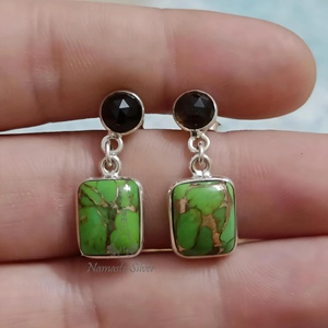 Pendientes Colgantes Finos de Plata de Ley 925 con Turquesa Verde y Cuarzo Ahumado, Gemas Naturales Dobles, Joyería Boho Hecha a Mano, Única - Product Image 1
