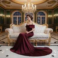 Robe de soirée longue rouge bordeaux coupe trapèze à col en V avec taille naturelle, unie, 100 % coton écologique, idéale pour bal de promo et invitées de mariage
