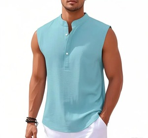 2025 été mode affaires pull chemise hommes sans manches gilet avec col montant bouton couleur unie nouveau Style débardeurs - Product Image 3