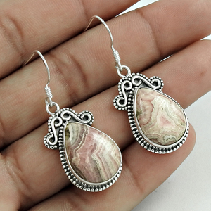 ของขวัญวันเกิดโอชะสําหรับเธอ 925 เงินสเตอร์ลิงสีชมพูธรรมชาติ Rhodochrosite อัญมณีรูปลูกแพร์ต่างหูอินเทรนด์เครื่องประดับทําด้วยมือ - Product Image 3