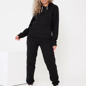 Conjunto de Sudadera con Capucha y Pantalones Deportivos Negros para Mujer, Chándal Informal de Manga Larga con Capucha y Cordón, con Bolsillo Tipo Canguro, Ropa de Estar por Casa para Invierno - Product Image 1