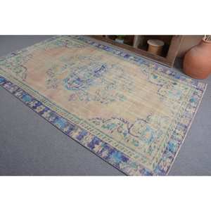 พรมตุรกีวินเทจขนแกะสีเบจสีฟ้า5.6 x 8.9ft แบนถักลายสำหรับตกแต่งห้องนั่งเล่นห้องโถงใช้น้ำยาง - Product Image 4