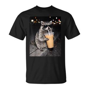 T-shirt Grafica con Procione che Beve Caffè Freddo, Abbigliamento Promozionale con Meme Animale - Product Image 1