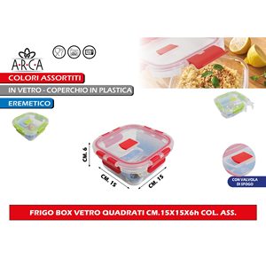 Contenitore e contenitore per alimenti in vetro quadrato 15x15x6H per uso frigorifero colori assortiti - Product Image 1