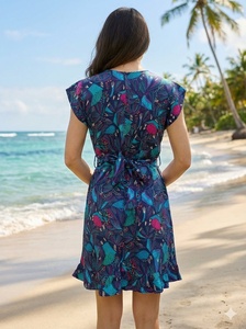 Elegant <b>Sweet</b> Rayon Candy Color Solid Printed Short-Sleeved V-neck Button Office Dress Eco-Friendly Natural A-Line Woven - Product Image 4