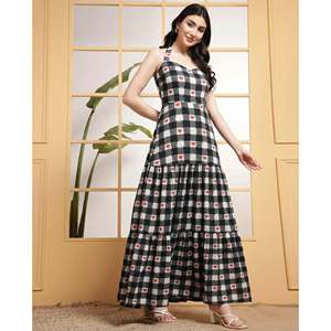 DEEBACO Women's Solid Cotton Checked with Heart Print Tiered Maxi <b>Dress</b> Halter Neck Sleeveless Ankle Length Fit & Flared Summer - Product Image 5